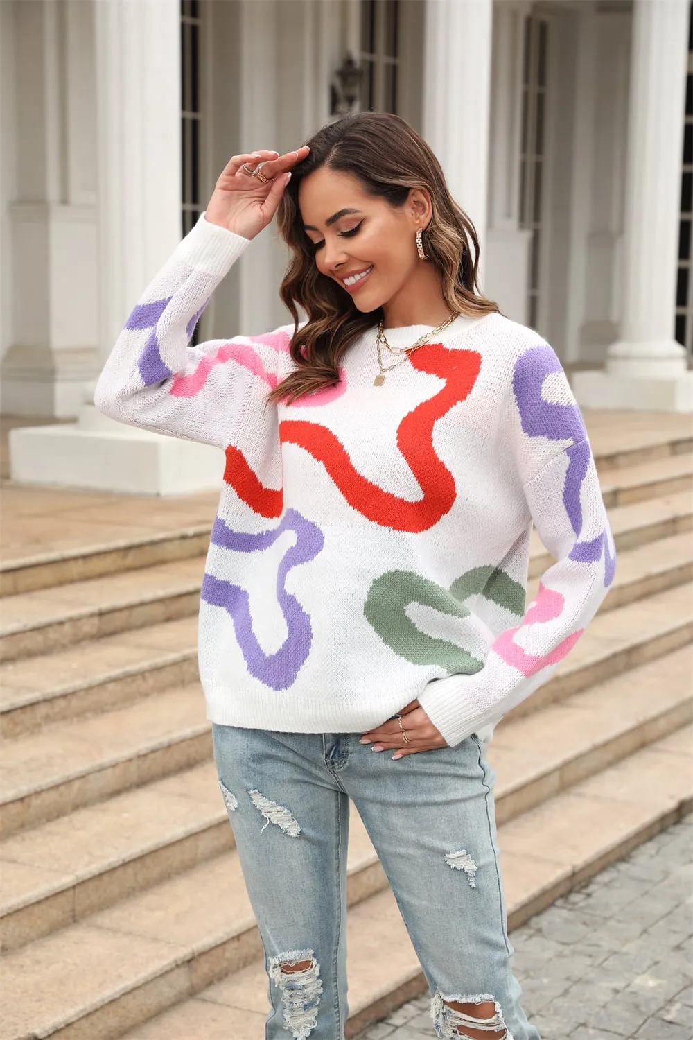 Printed Round Neck Dropped Shoulder Pullover Sweater, image 5