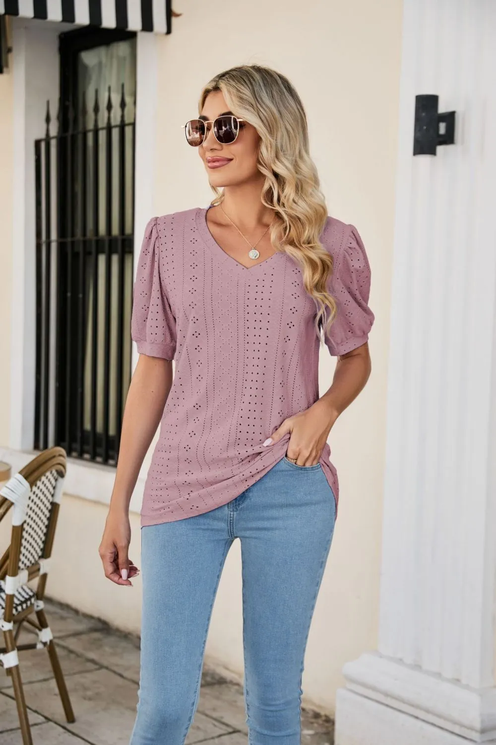 Eyelet Puff Sleeve V-Neck Top, image 11