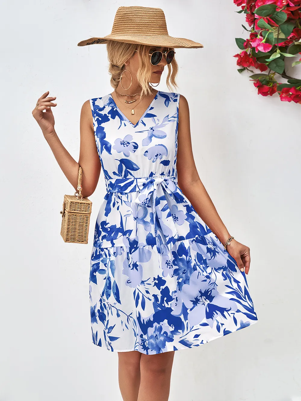 Floral V-Neck Tie Waist Sleeveless Dress, image 7