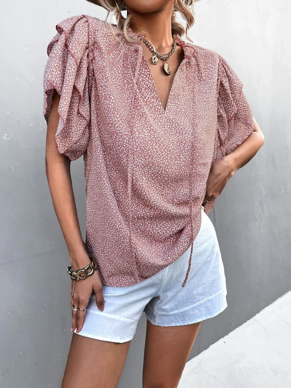 Printed Flutter Sleeve V-Neck Top, image 4