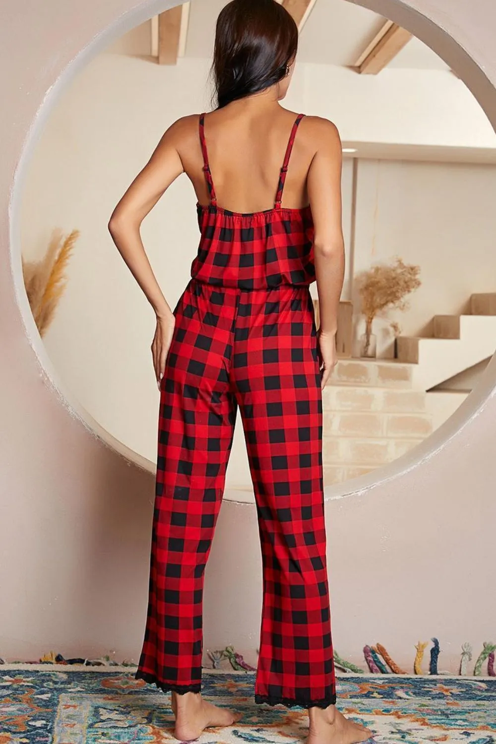 Plaid Lace Trim Spaghetti Strap Jumpsuit, image 2