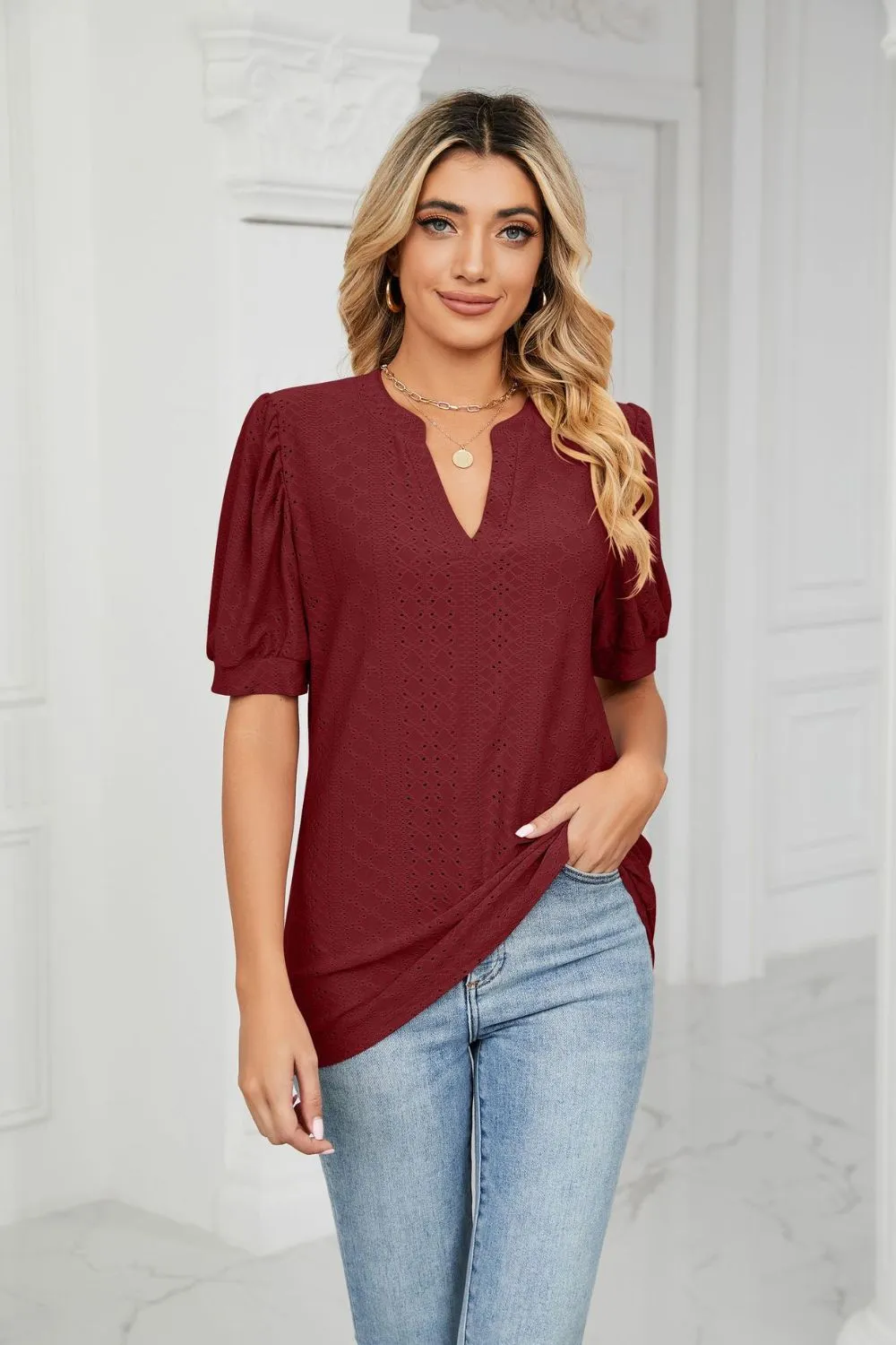 Eyelet Short Puff Sleeve Notched Neck Top, image 29