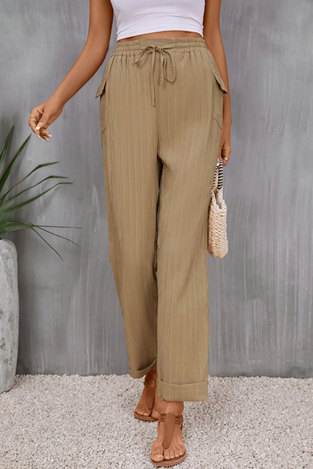 Tie Waist Pocketed Long Pants, image 3