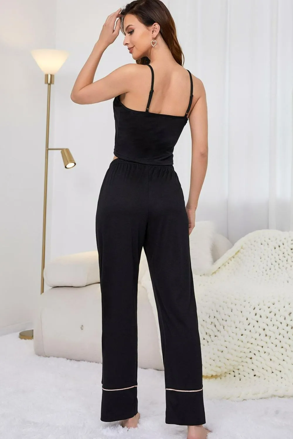 Contrast Trim Cropped Cami and Pants Loungewear Set, image 2