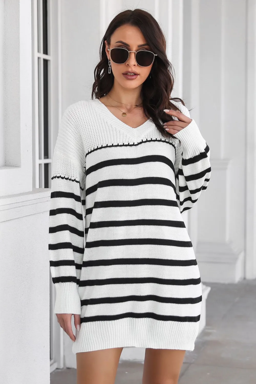 Striped V-Neck Drop Shulder Sweater Dress, image 2