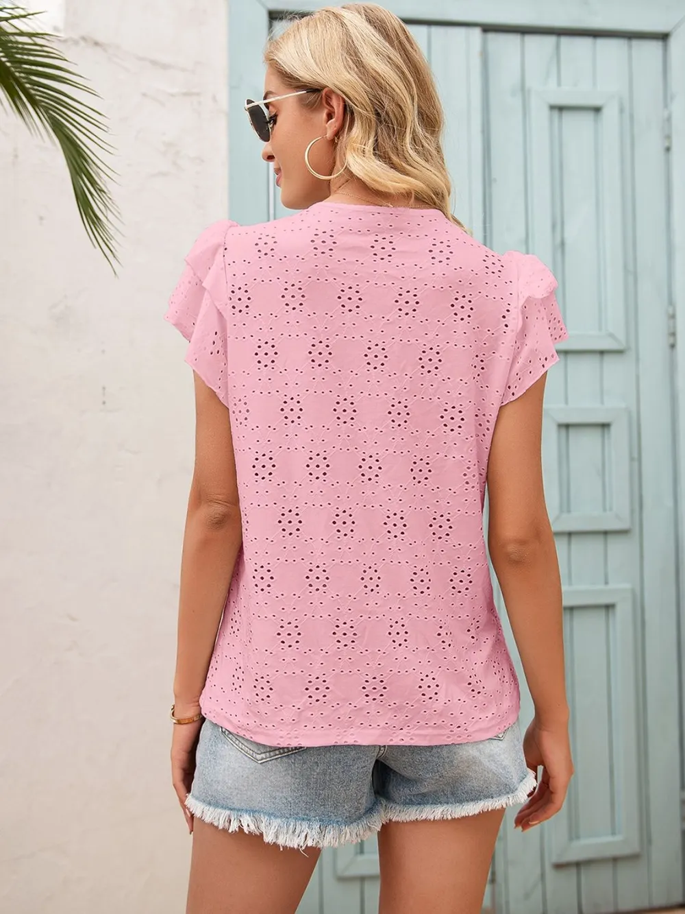 Eyelet Tie Neck Flutter Sleeve Blouse, image 2