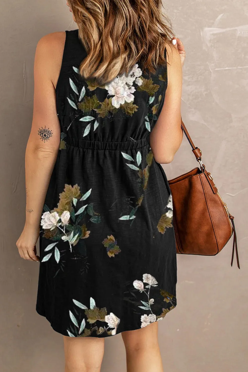 Printed Scoop Neck Sleeveless Buttoned Magic Dress with Pockets, image 14