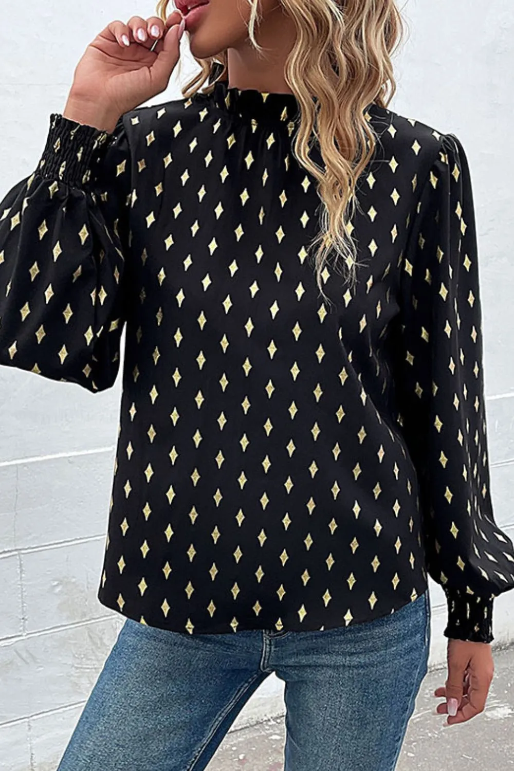 Geometric Print Frill Neck Lantern Sleeve Blouse, image 3