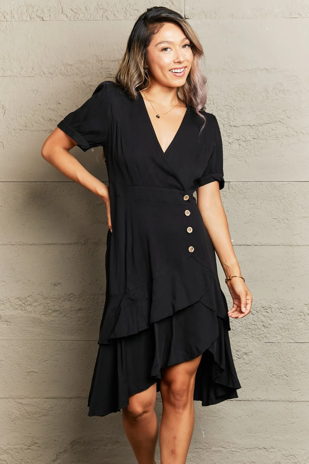 Decorative Button Surplice Ruffle Hem Dress, image 4