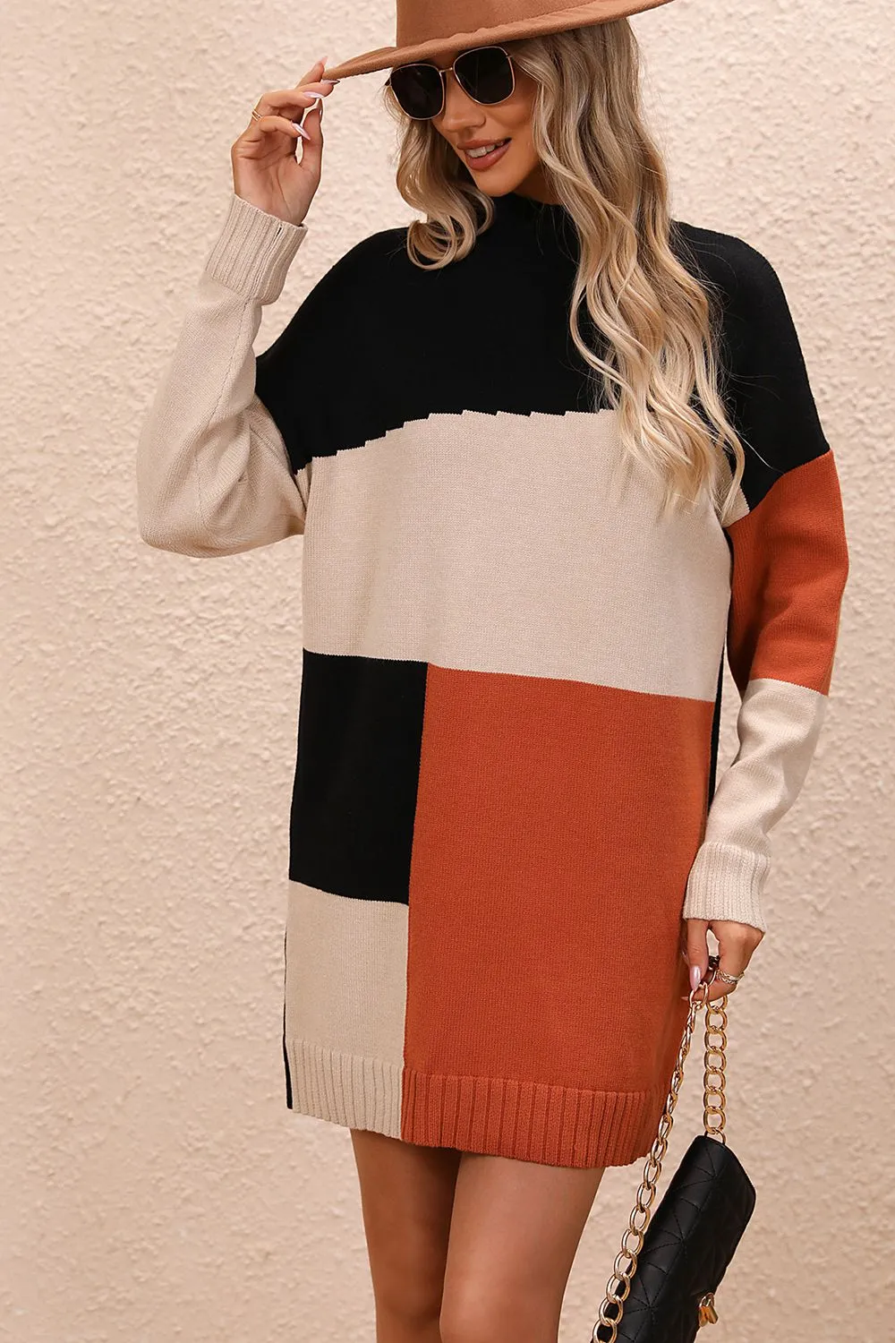 Color Block Mock Neck Dropped Shoulder Sweater Dress, image 4