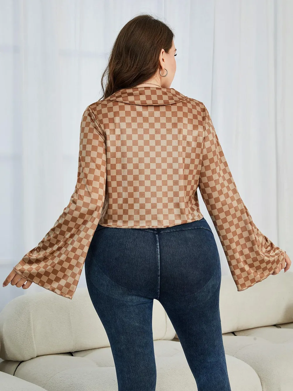 Plus Size Checkered Johnny Collar Flare Sleeve Shirt, image 2