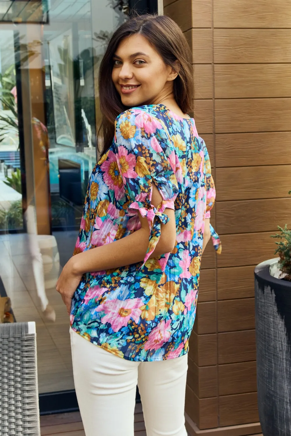 Full Size Floral V-Neck Tie Detail Blouse, image 2