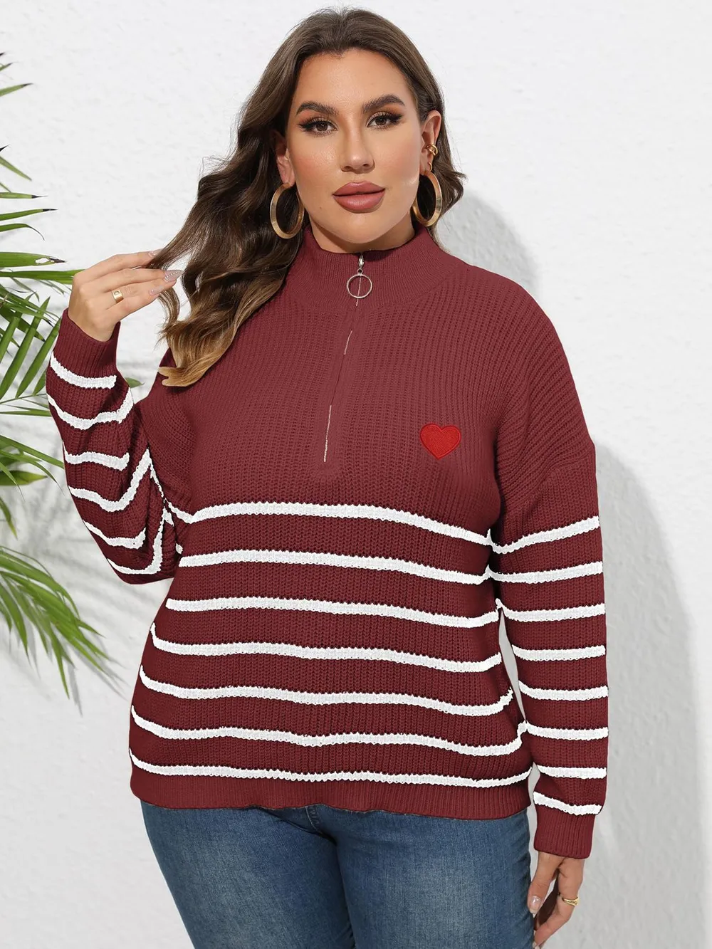 Plus Size Zip-Up Striped Sweater, image 10