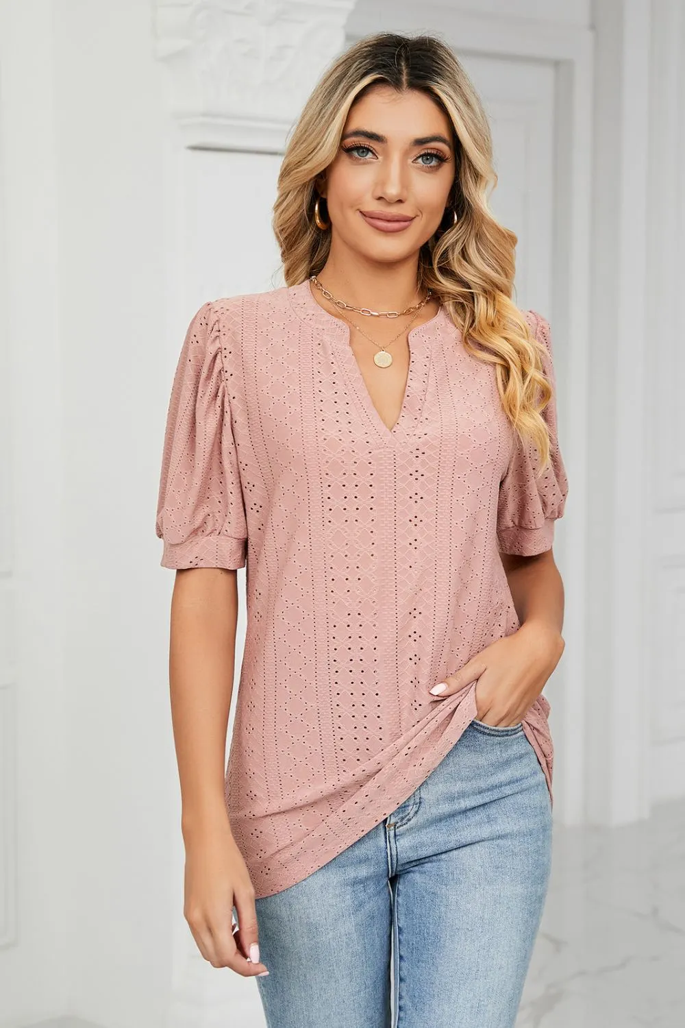 Eyelet Short Puff Sleeve Notched Neck Top, image 2