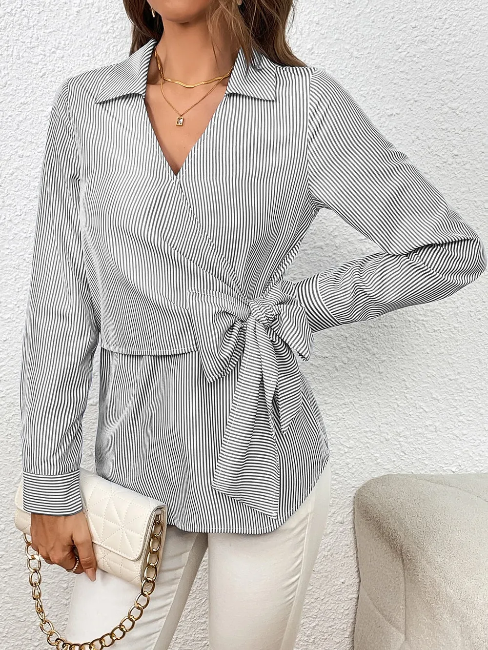 Bow Tie Waist Johnny Collar Neck Striped Blouse, image 12