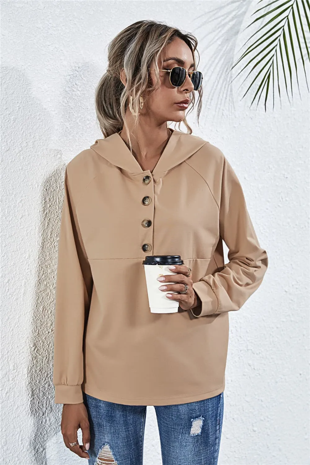 Buttoned Raglan Sleeve Hooded Blouse, image 4