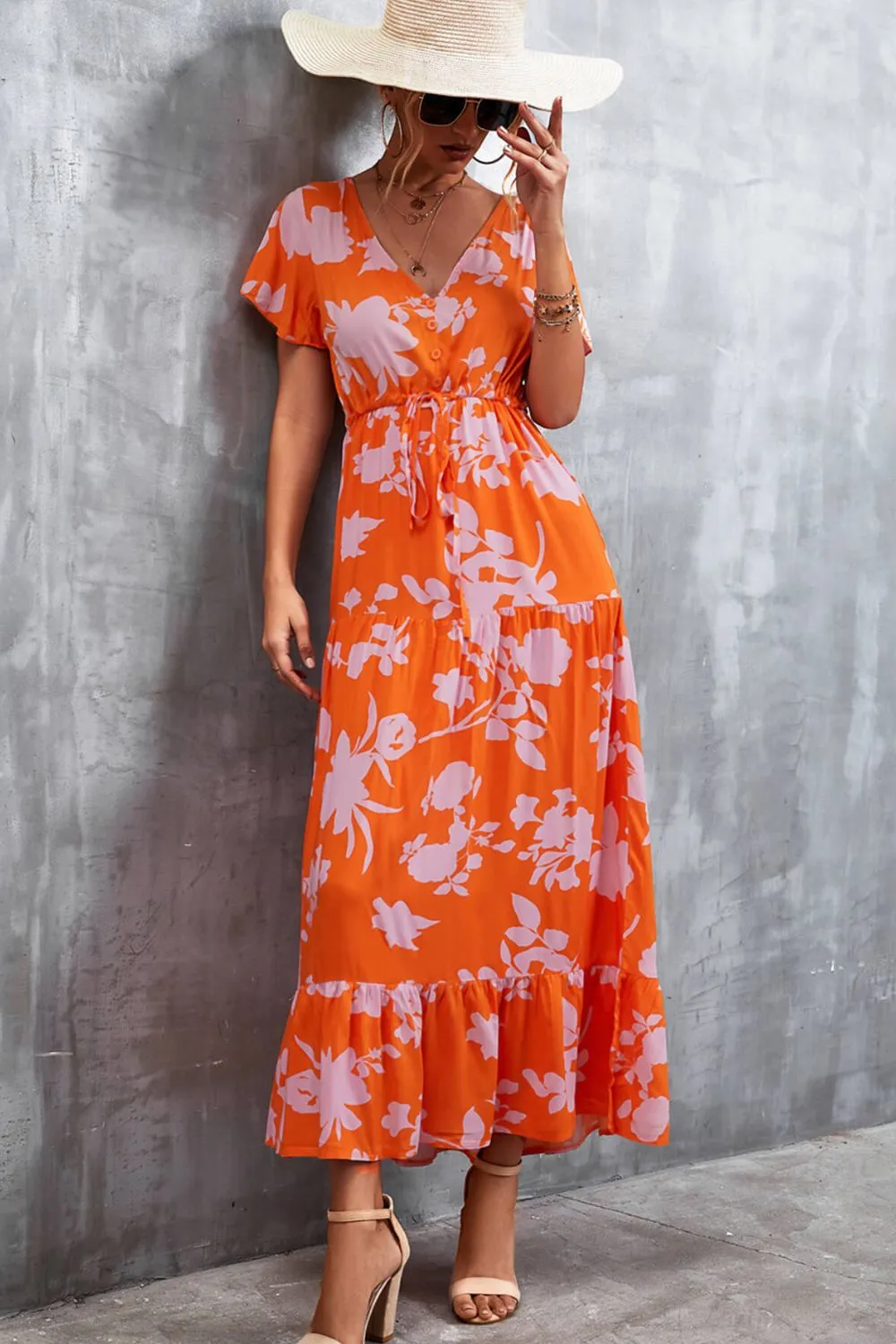 Floral Buttoned Drawstring Waist Tiered Dress, image 7