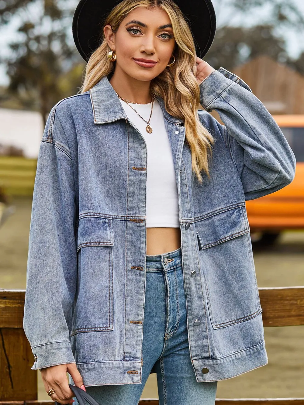 Dropped Shoulder Denim Jacket with Pockets, image 9