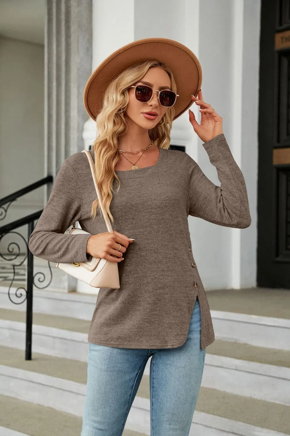 Square Neck Long Sleeve Slit T-Shirt, image 11