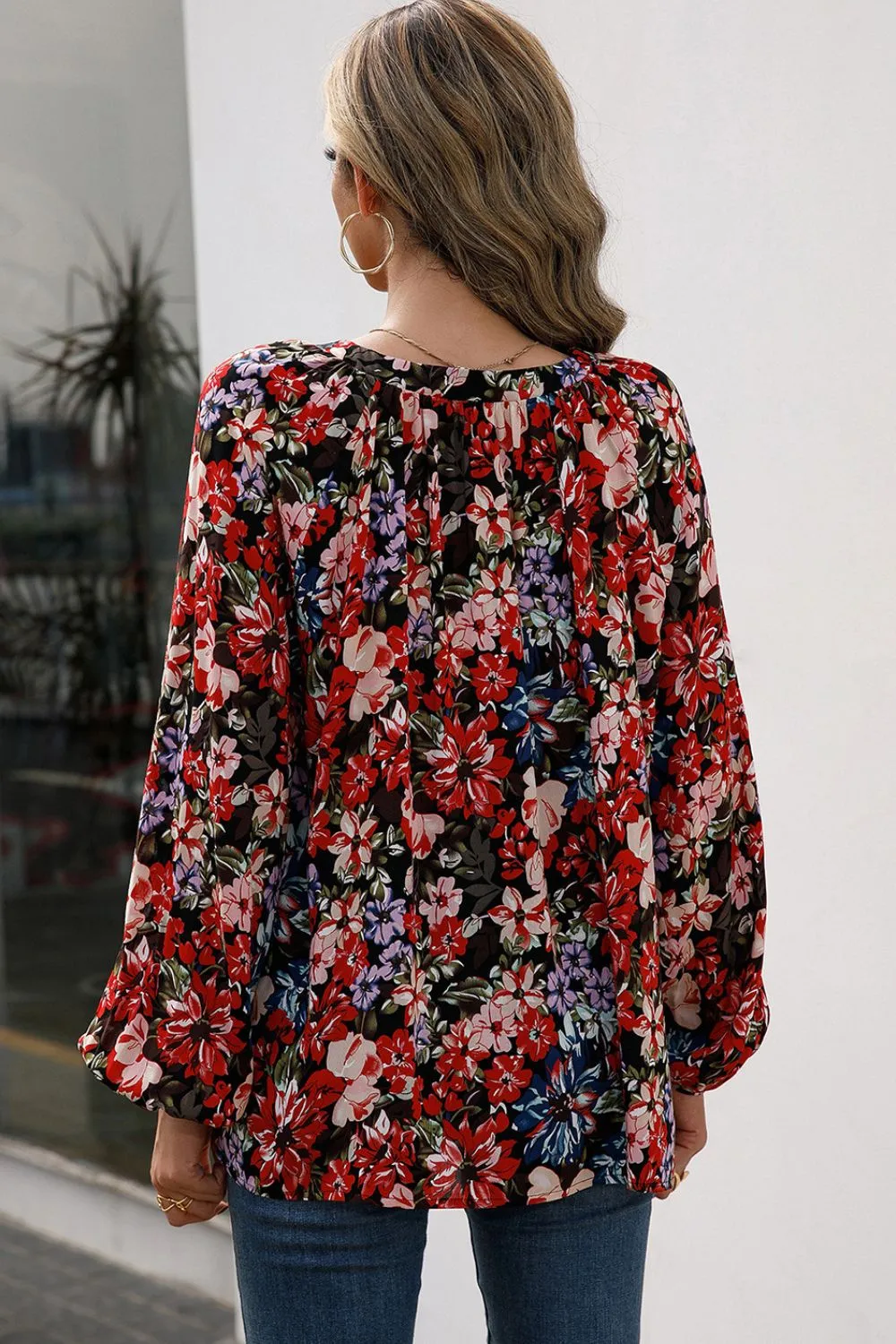 Floral Print Balloon Sleeve Ruched Blouse, image 2