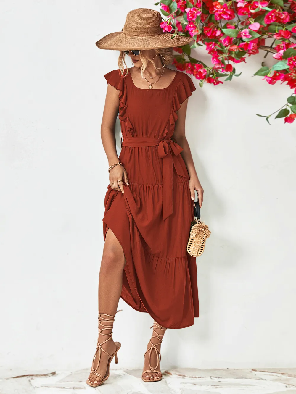 Tie Belt Ruffled Tiered Dress, image 6
