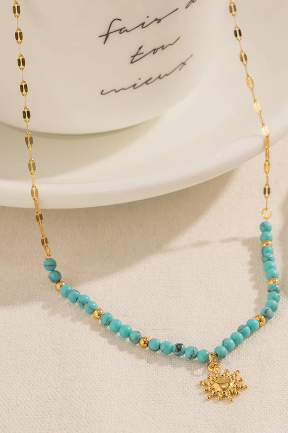 Turquoise Beaded 18K Gold-Plated Sun Shape Pendant Necklace, image 2