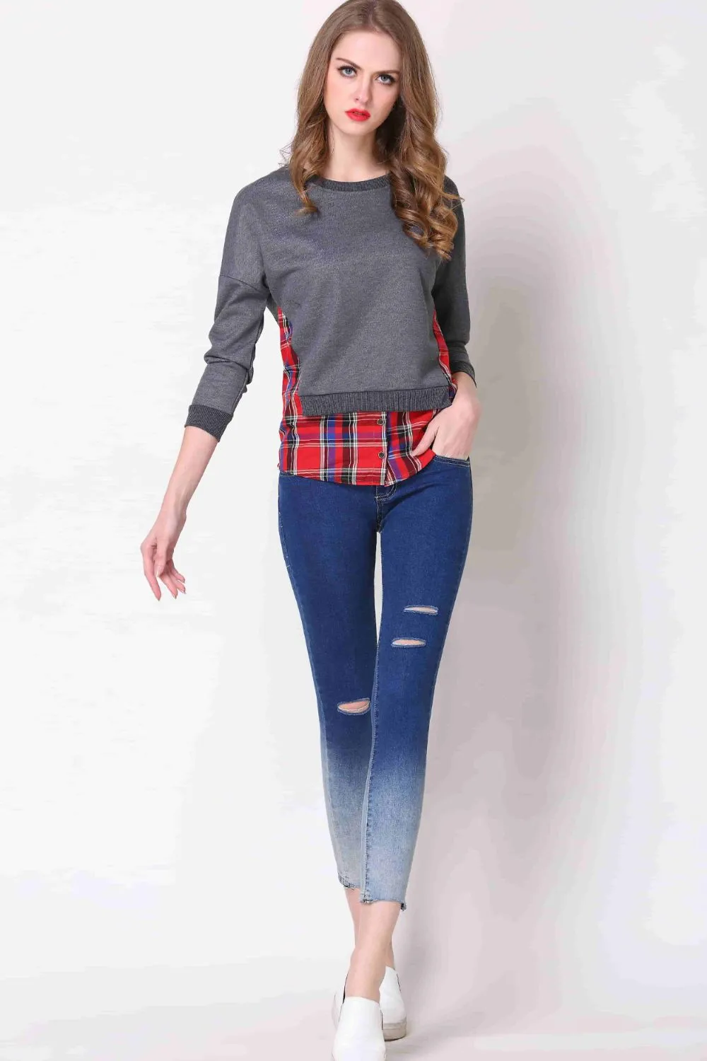 Full Size Plaid Patch Drop Shoulder Round Neck Top, image 4