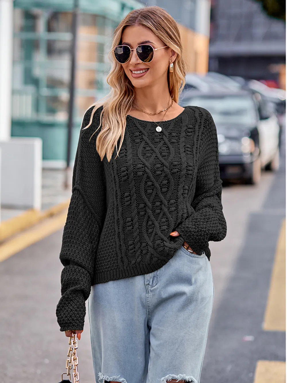 Round Neck Cable-Knit Sweater, image 3