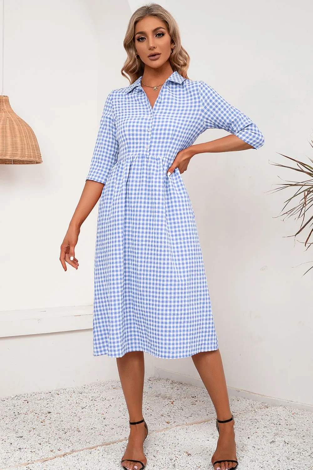 Plaid Collared Neck Midi Dress, image 8