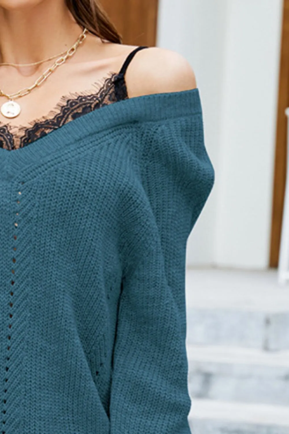 Openwork V-Neck Long Sleeve Sweater, image 7