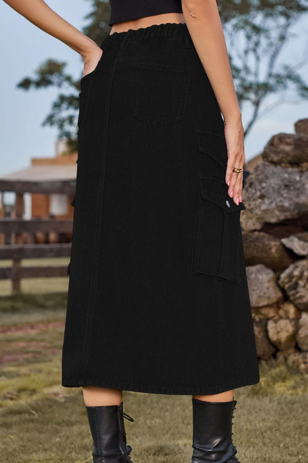 Slit Front Midi Denim Skirt with Pockets, image 7