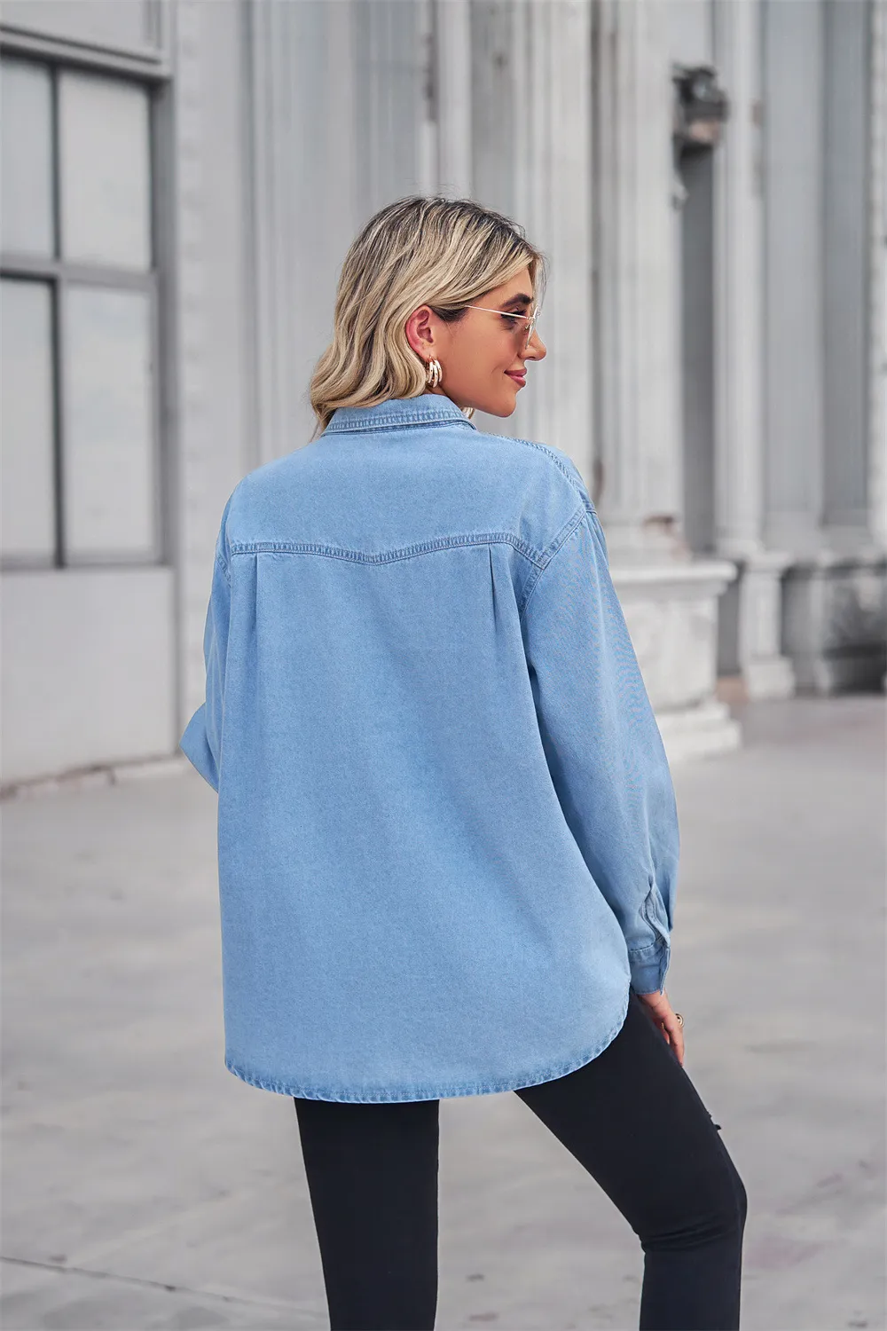 Collared Neck Dropped Shoulder Denim Top, image 9