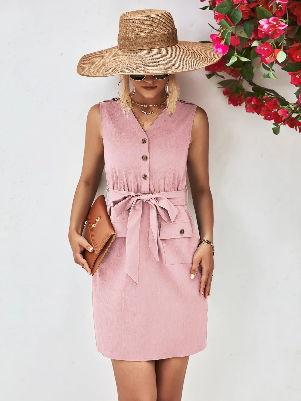 Buttoned V-Neck Belted Sleeveless Dress, image 6