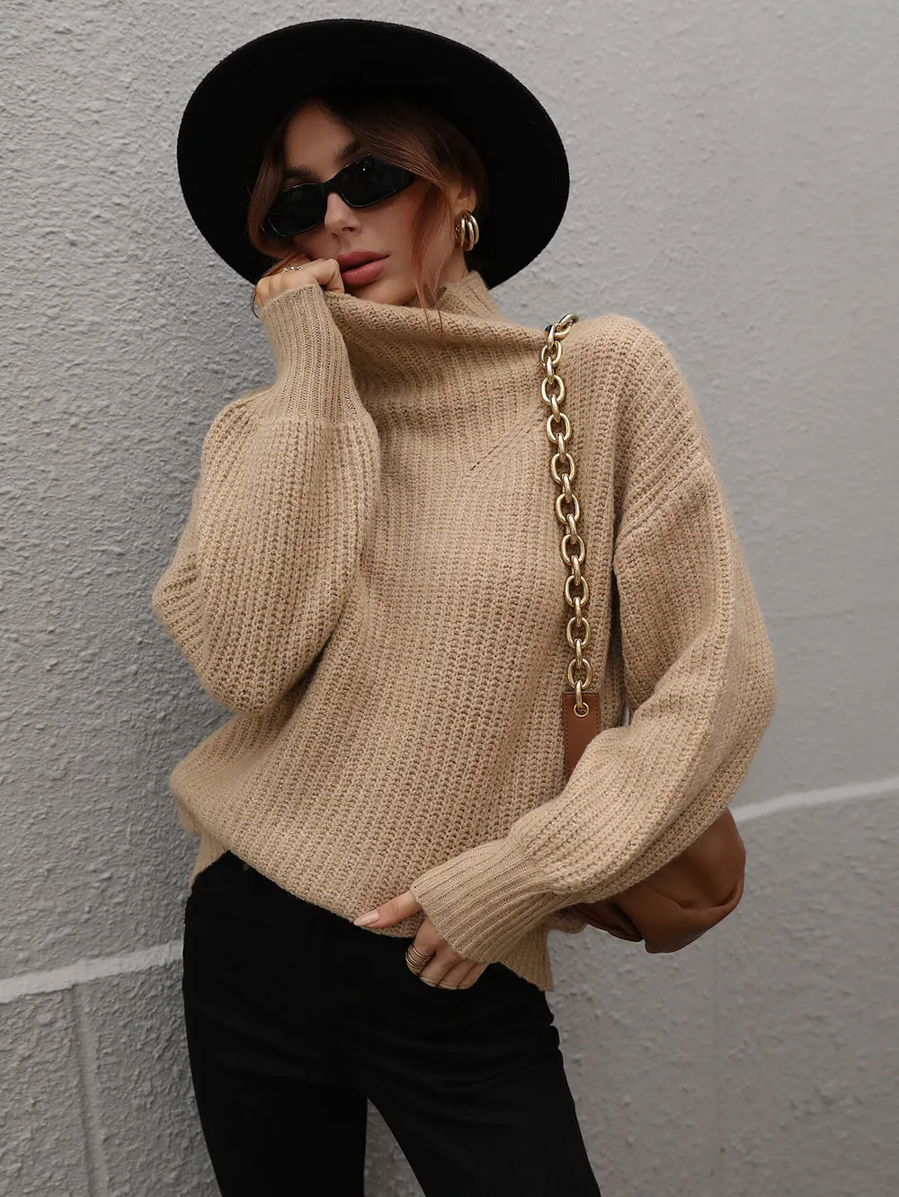 High Neck Balloon Sleeve Rib-Knit Pullover Sweater, image 13