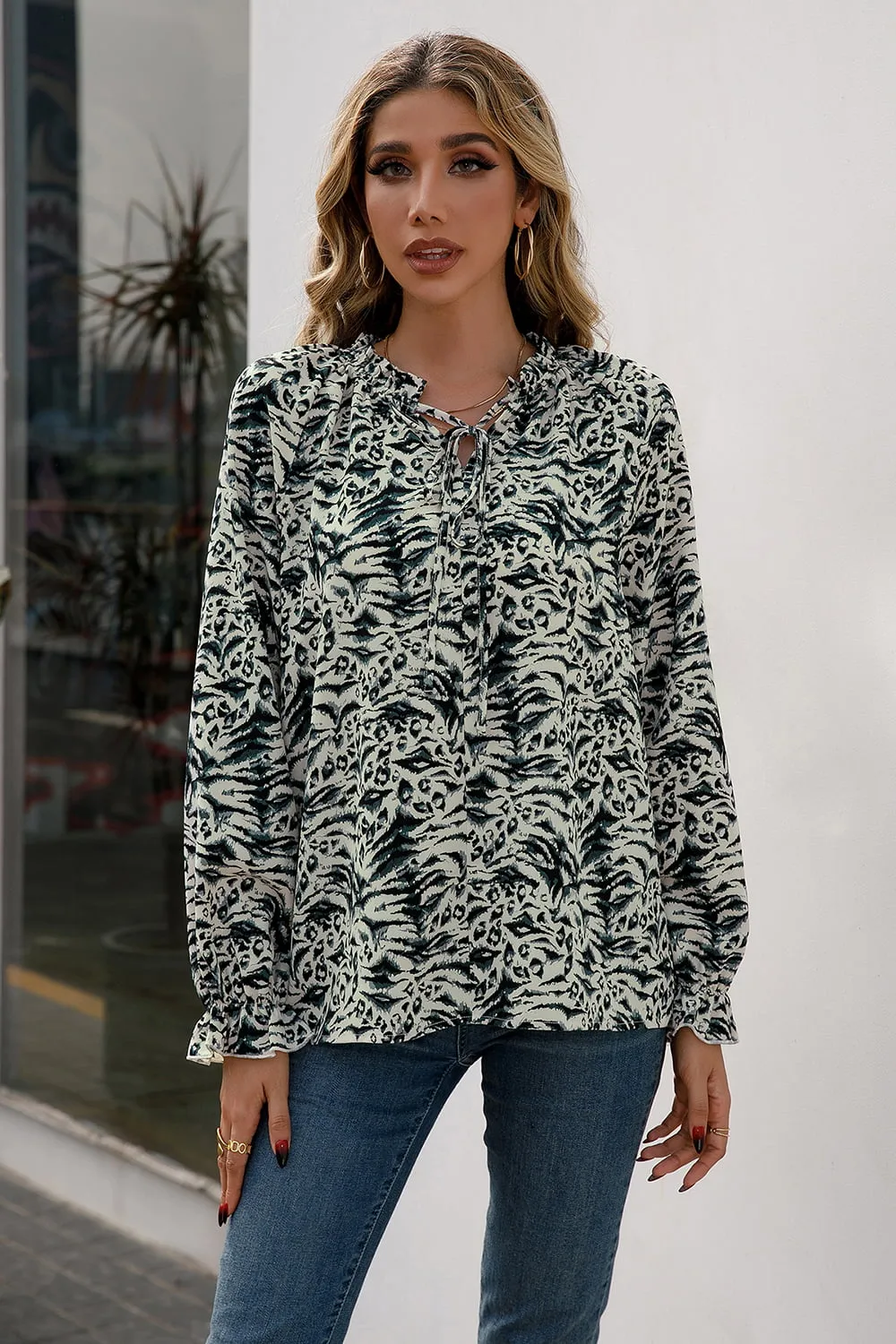 Printed Tie Neck Frill Trim Flounce Sleeve Blouse, image 5