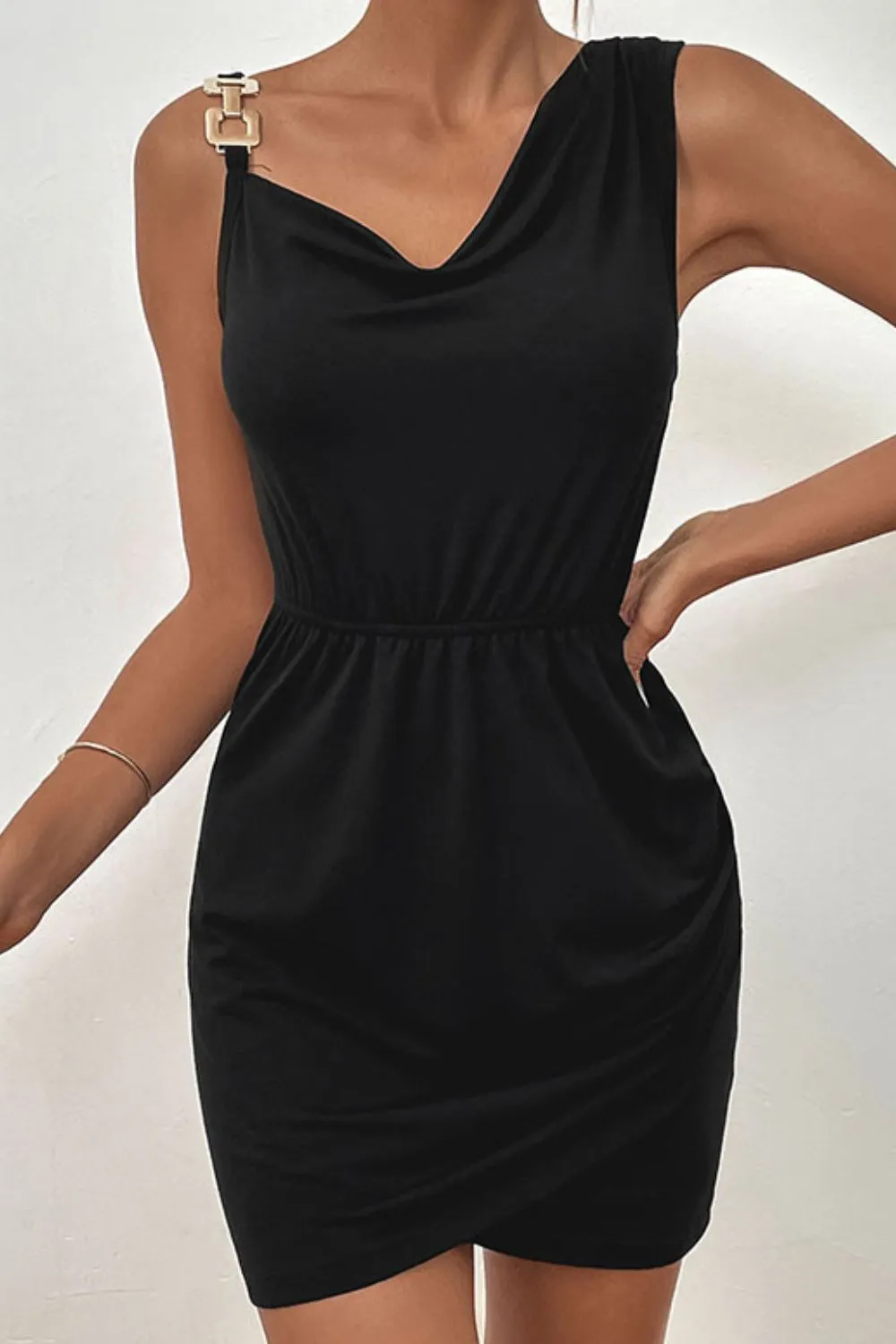 Asymmetrical Neck Sleeveless Tulip Hem Dress, image 2