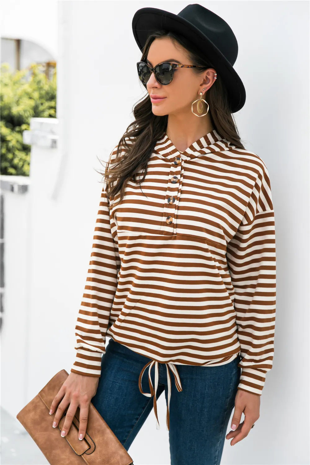 Striped Half-Button Dropped Shoulder Hoodie, image 8