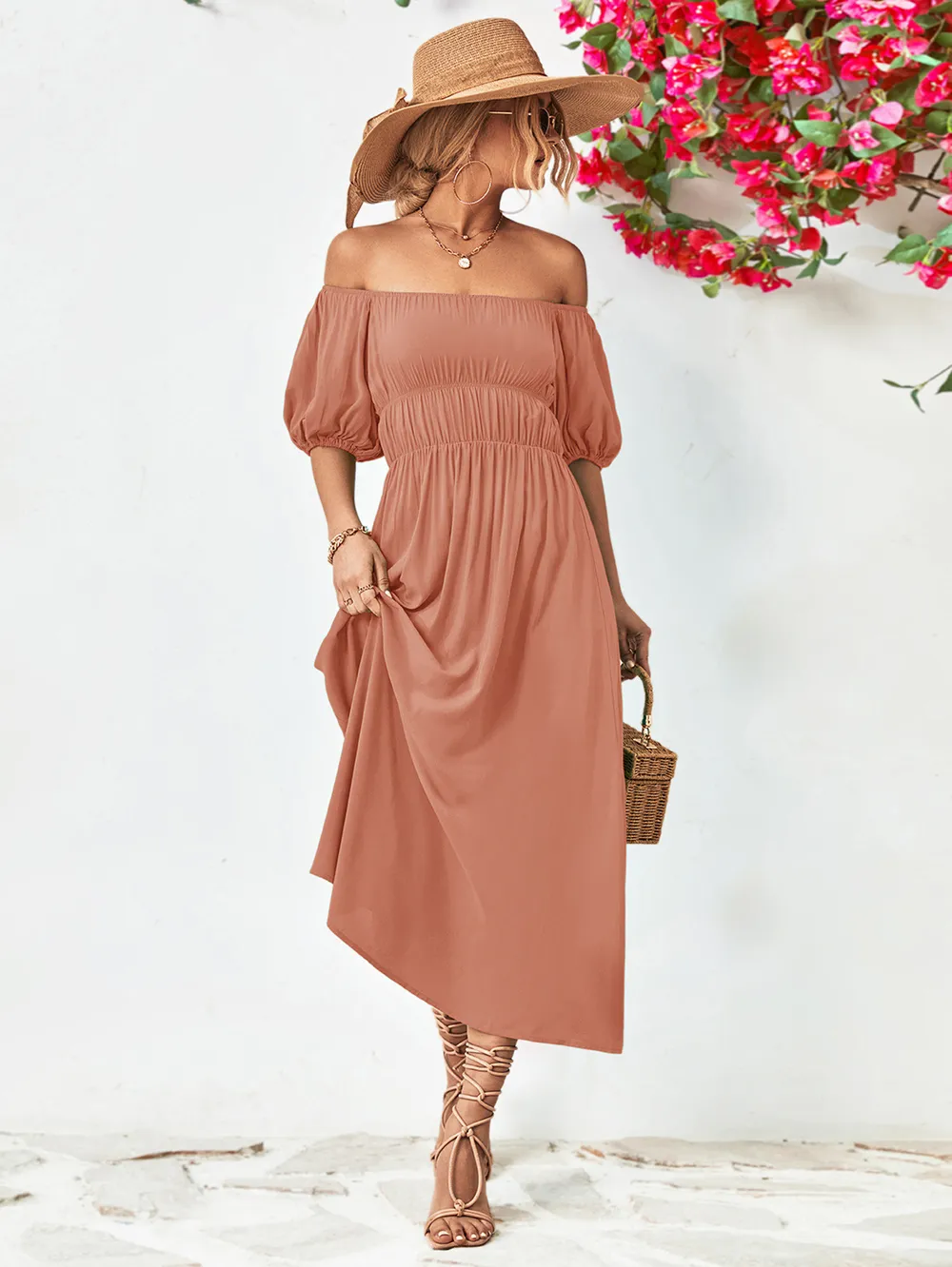 Off-Shoulder Balloon Sleeve Midi Dress, image 10
