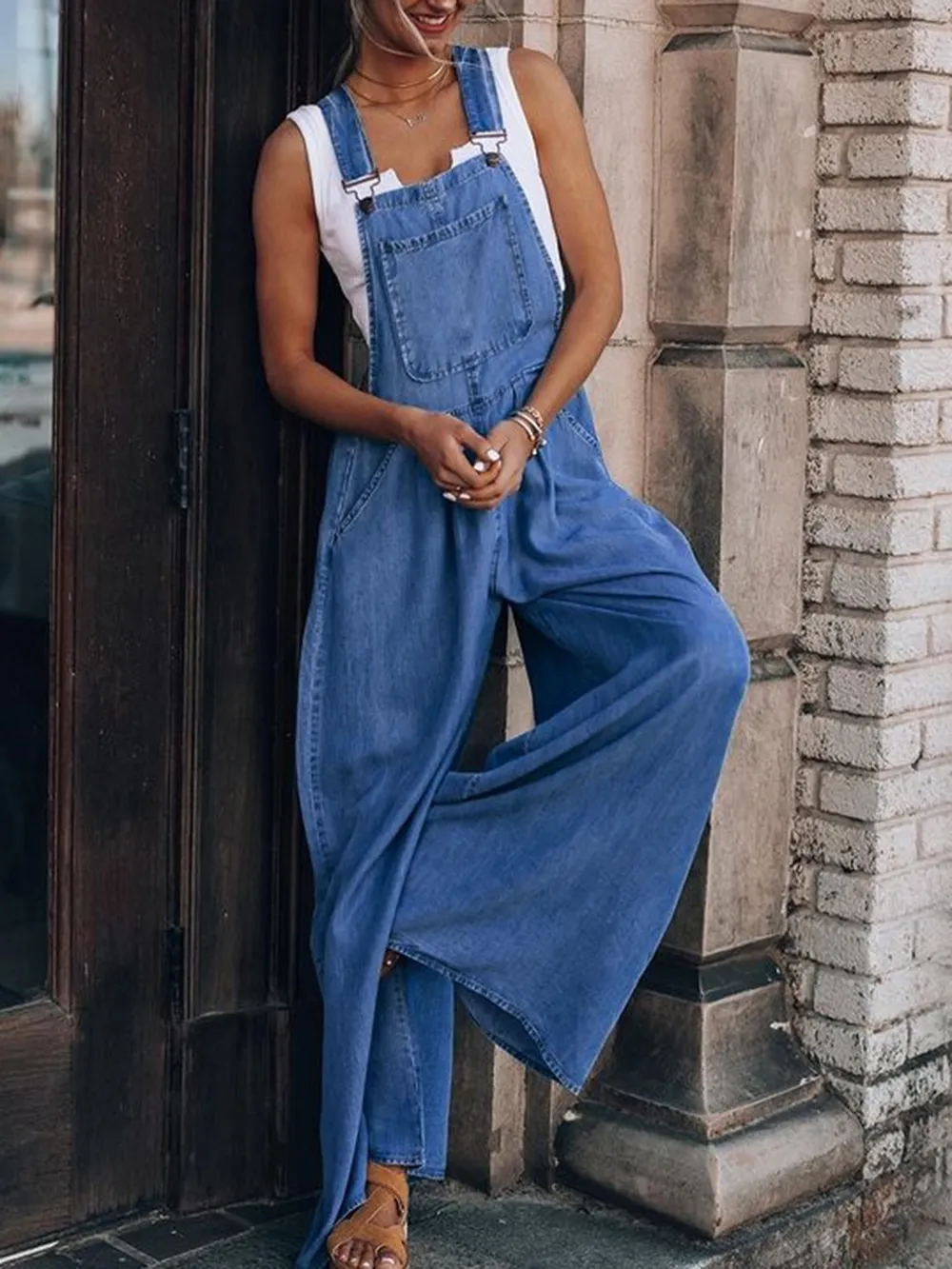 Wide Leg Denim Overalls, image 3