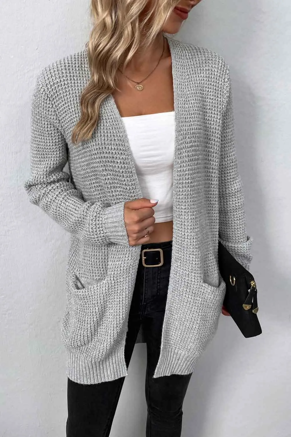 Rib-Knit Open Front Pocketed Cardigan, image 14