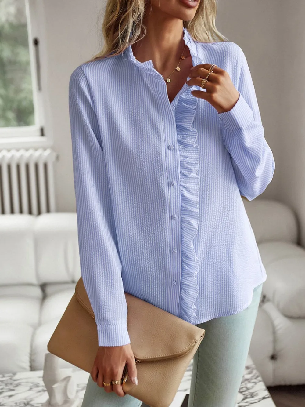 Ruffle Trim Long Sleeve Shirt, image 5