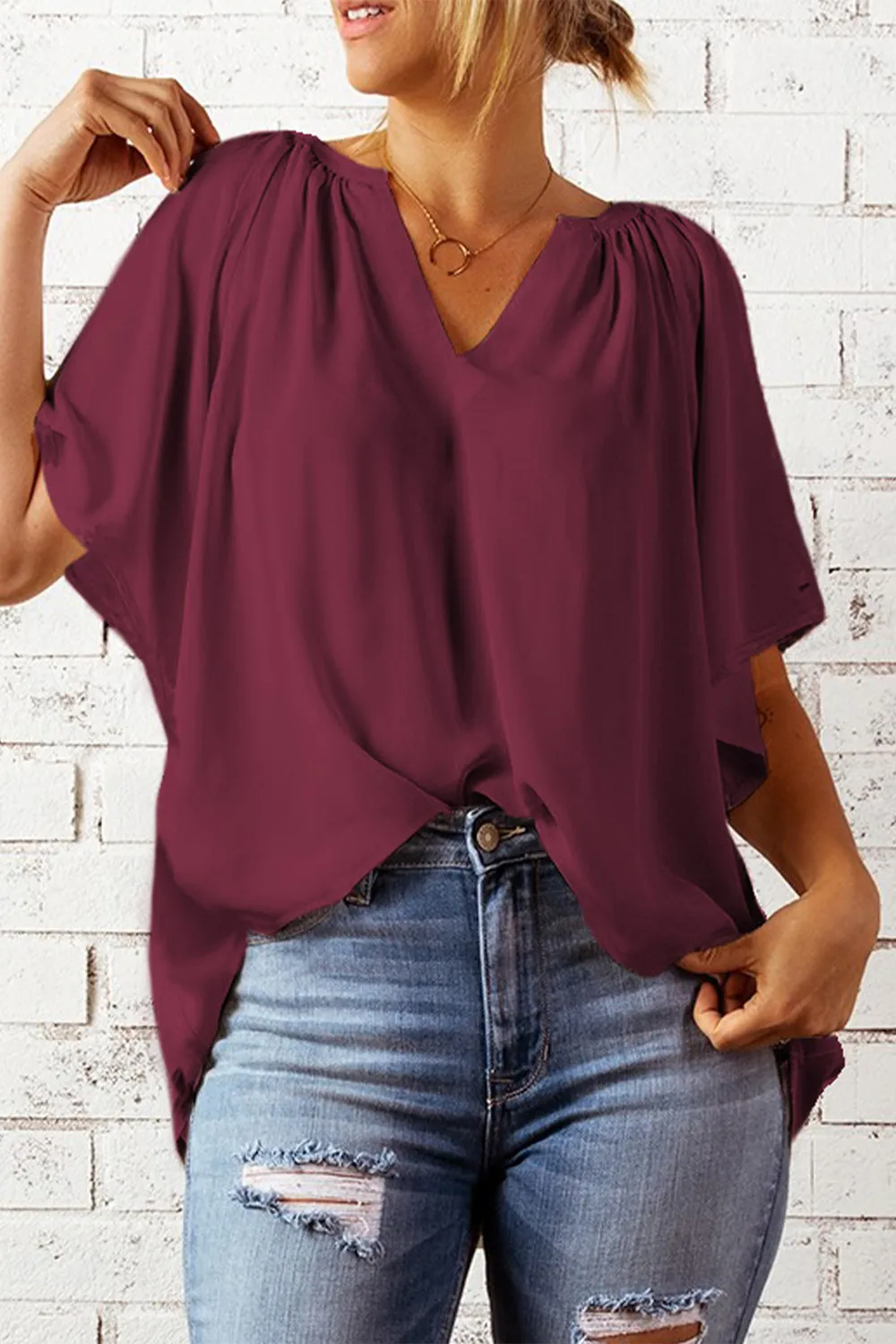 Gathered Detail Notched Neck Flutter Sleeve Top, image 14