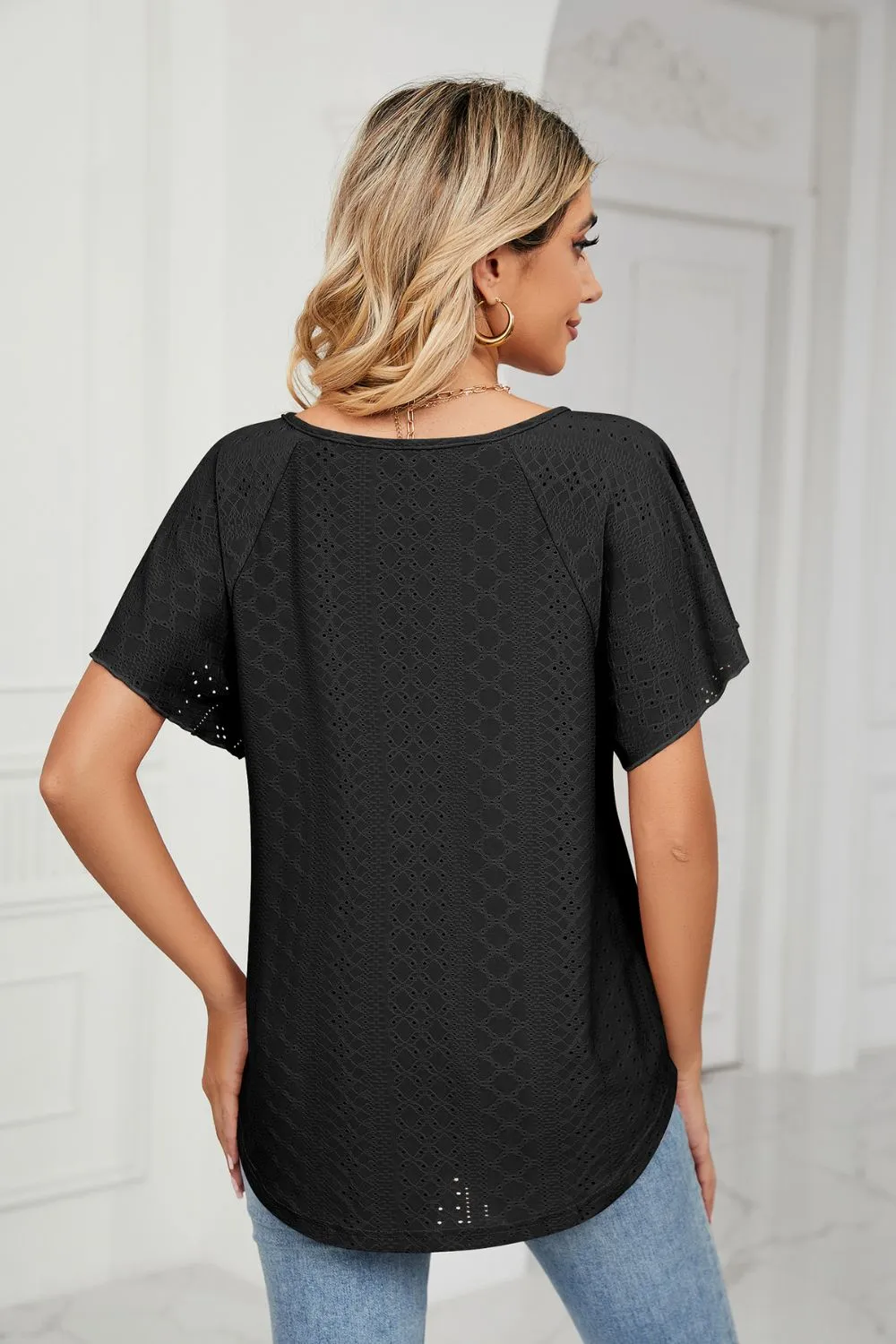 Eyelet Tie-Neck Flutter Sleeve Top, image 8