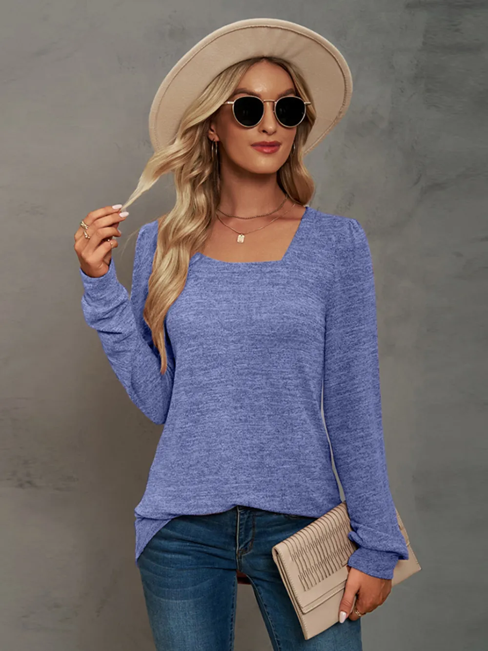 Heathered Square Neck Long Sleeve T-Shirt, image 6