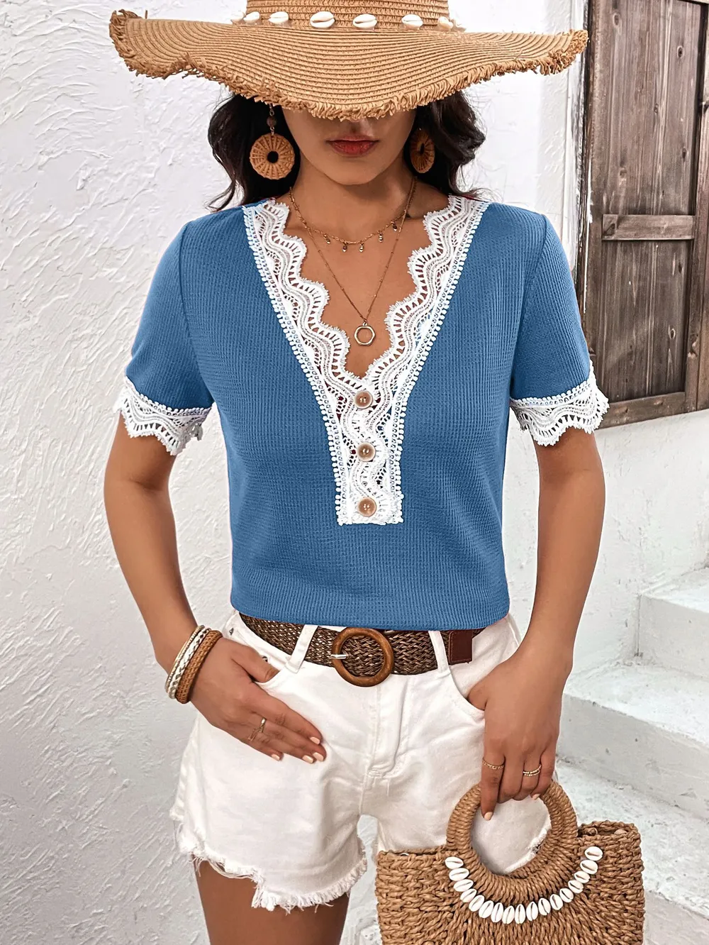 Decorative Button Spliced Lace Short Sleeve Top, image 7
