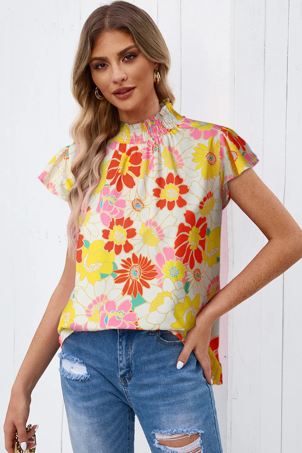 Floral Frill Neck Smocked Flutter Sleeve Blouse, image 2