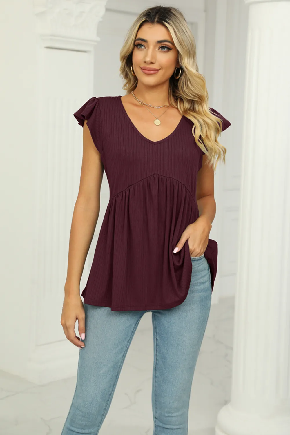 V-Neck Flutter Sleeve Babydoll Blouse, image 2