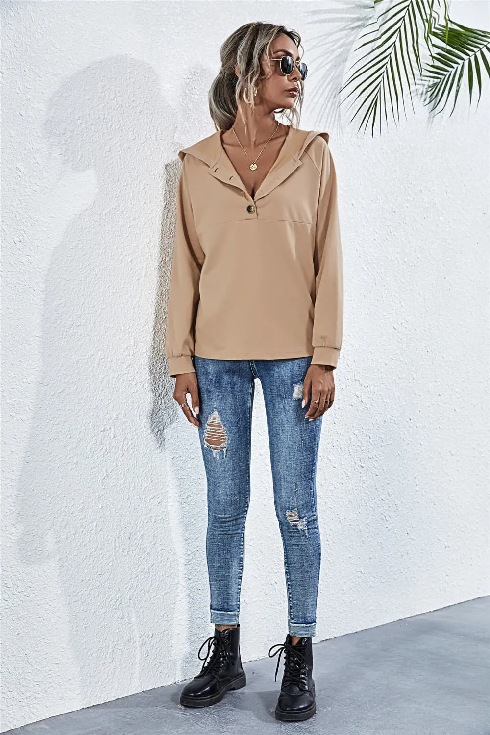 Buttoned Raglan Sleeve Hooded Blouse, image 7