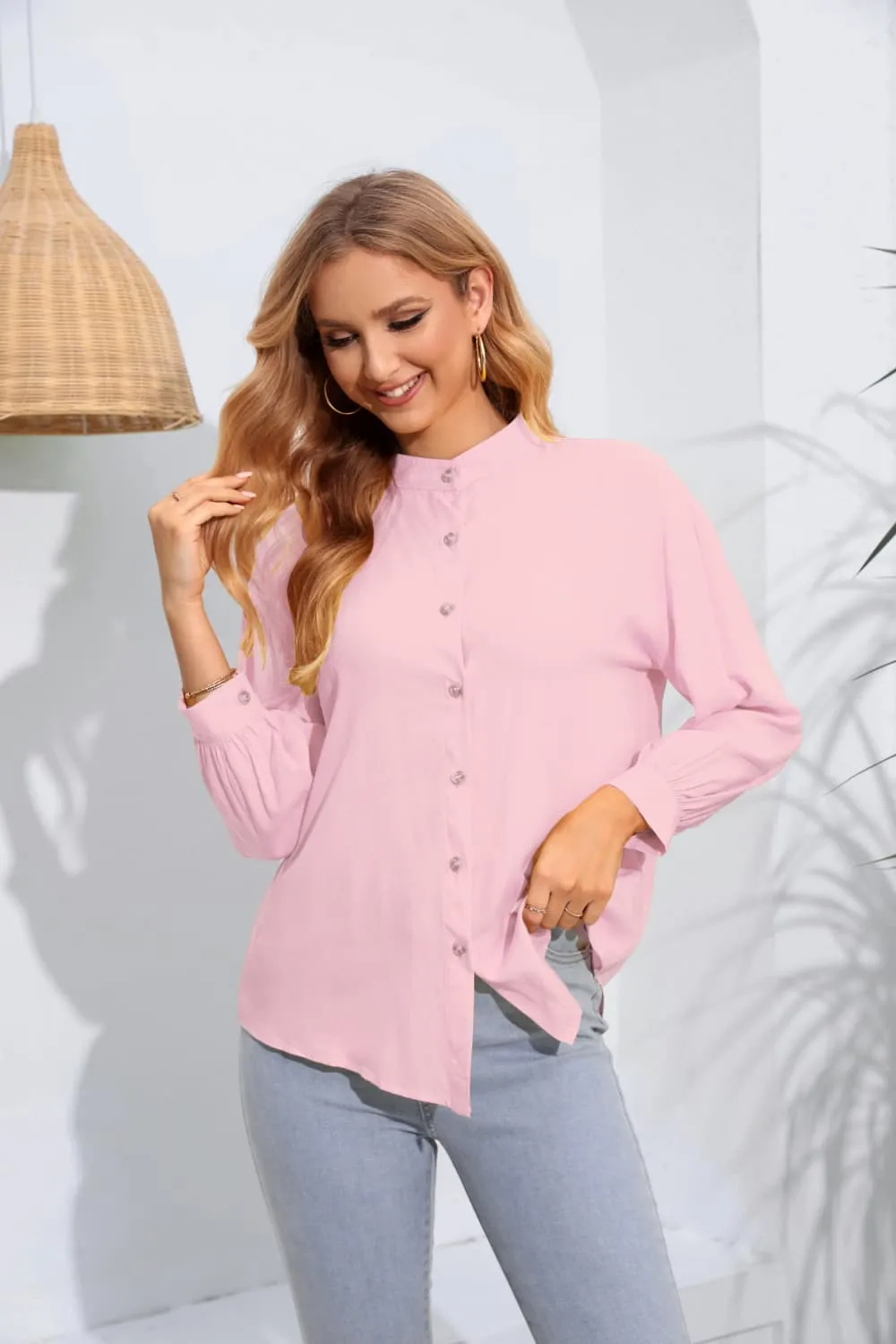 Mock Neck Buttoned Long Sleeve Shirt, image 5