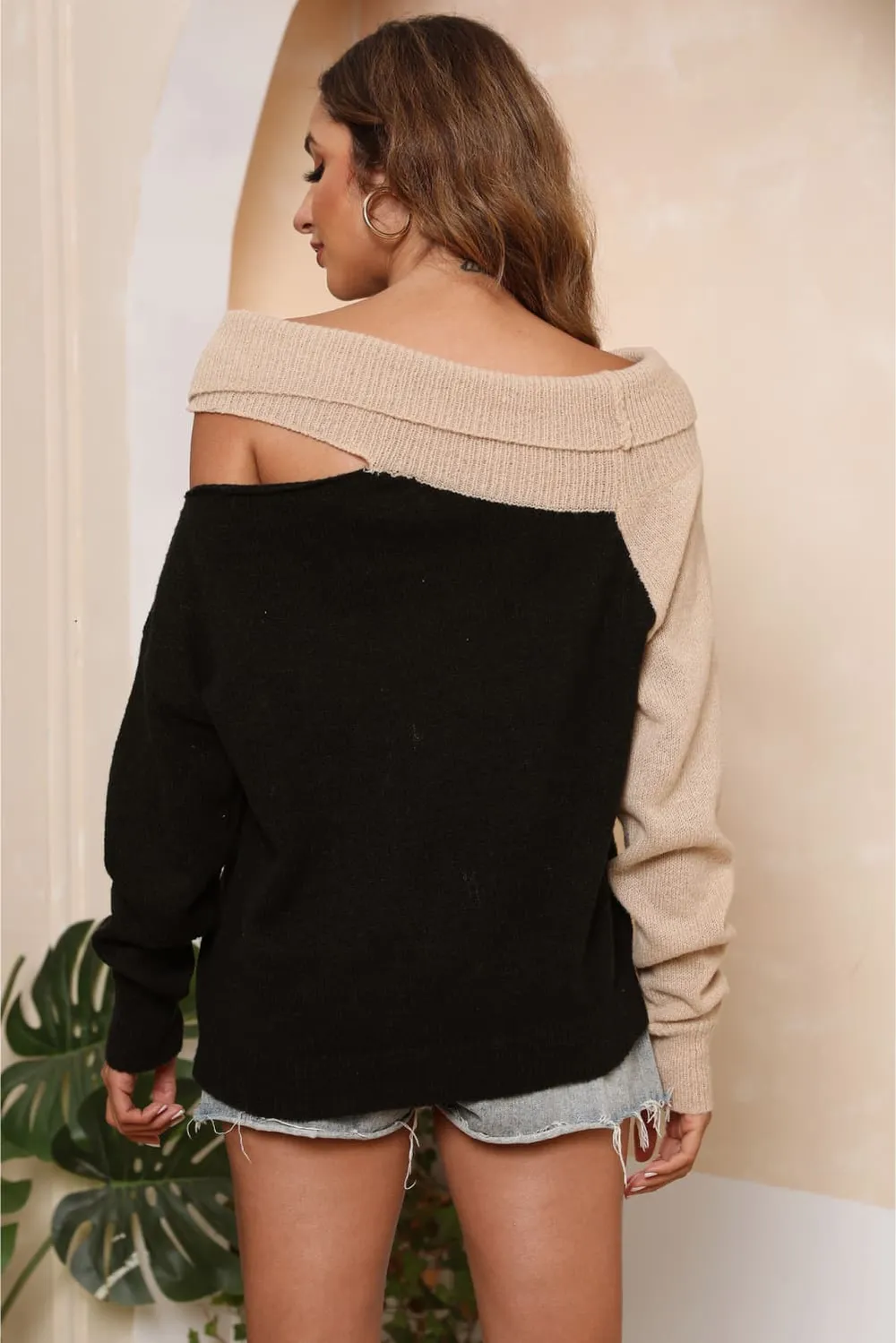 Asymmetrical Long Sleeve Two-Tone Cutout Sweater, image 6